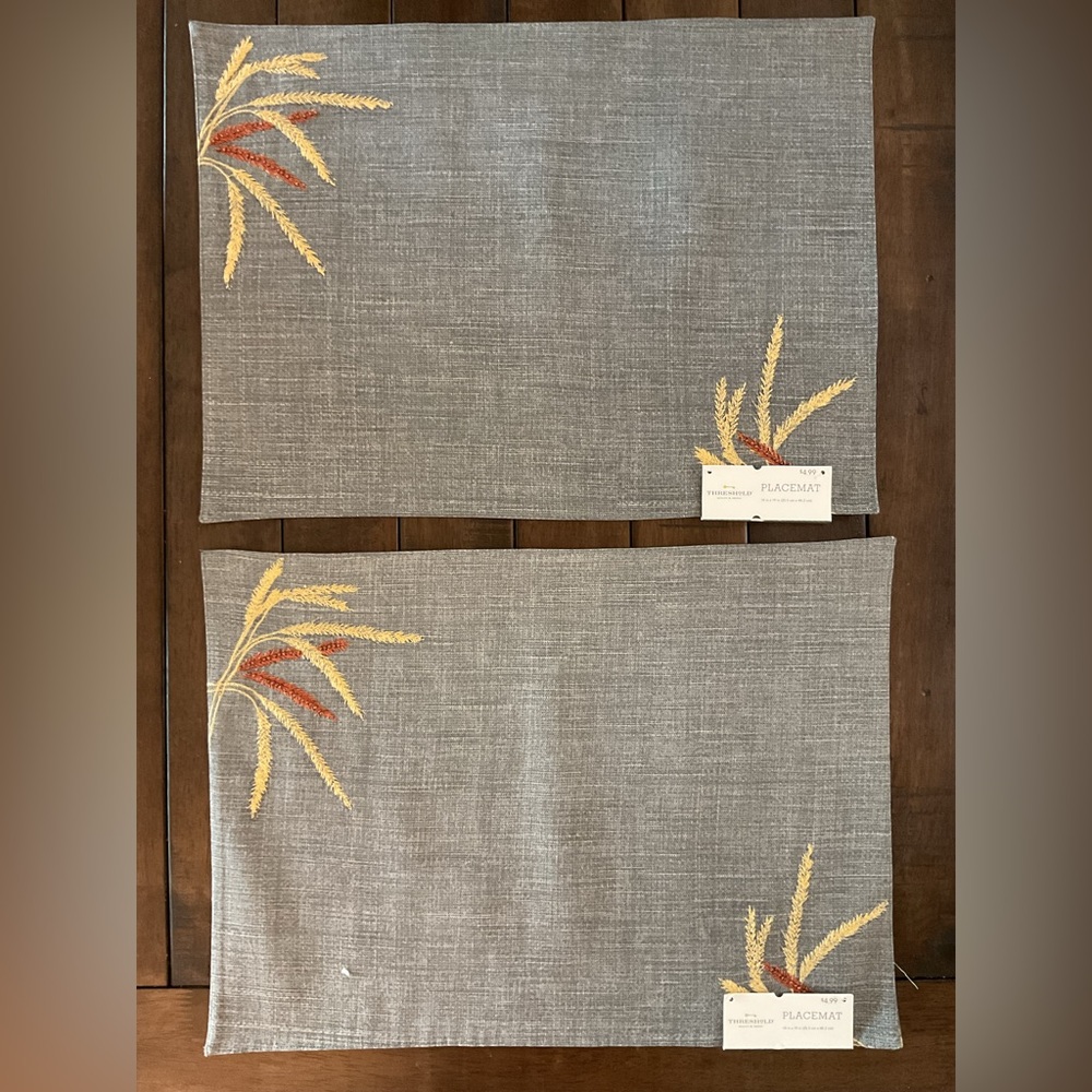 Threshold Gray Placemats with Wheat Embroidery & Fall Plaid Designs